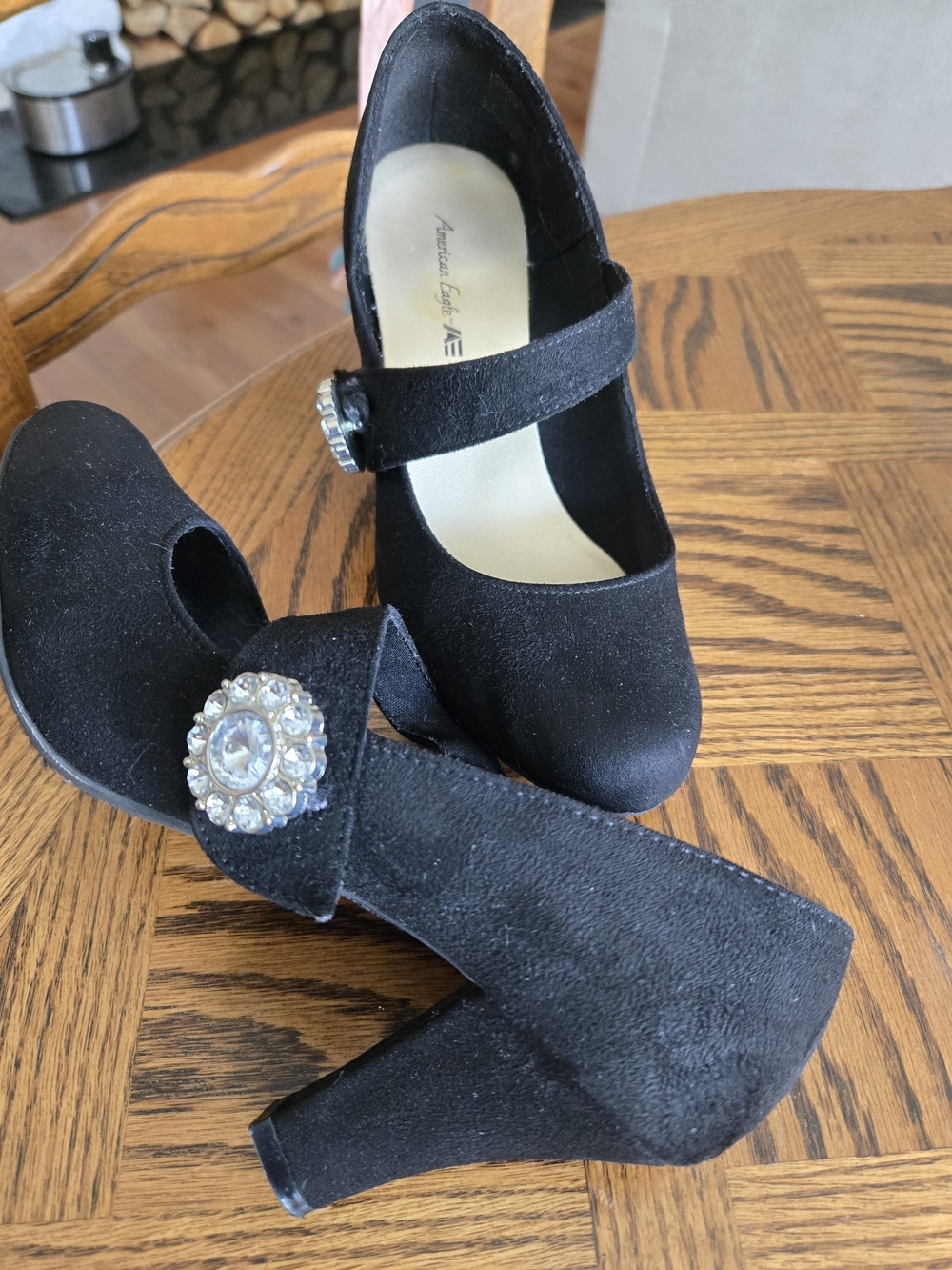 American Eagle Outfitters Black Mary Jane Heels with Rhinestone Brooch - Picture 3 of 5